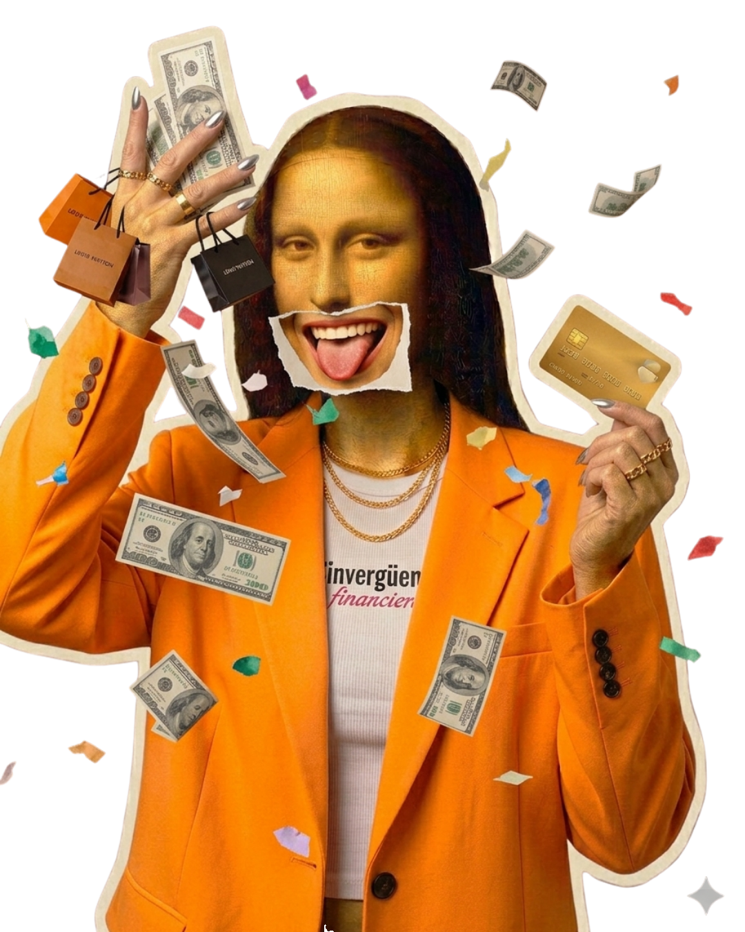 La Gozadora Impulsiva — Mona Lisa de blazer naranja entre billetes, tarjeta y confeti