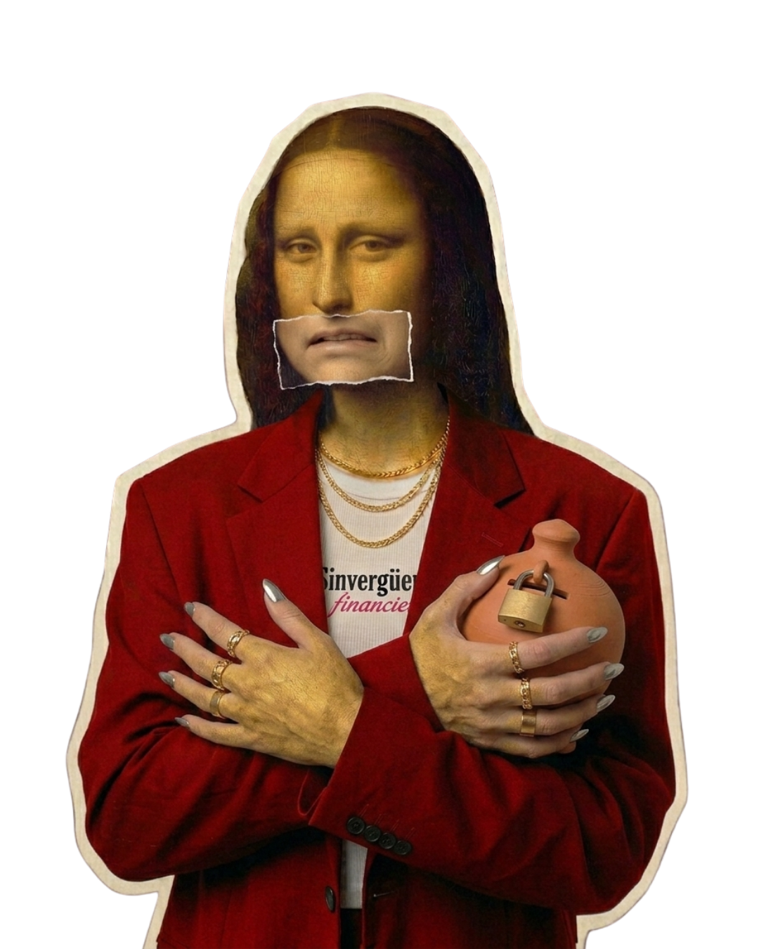 La Guardiana Silenciosa — Mona Lisa de blazer rojo abrazando una alcancía con candado